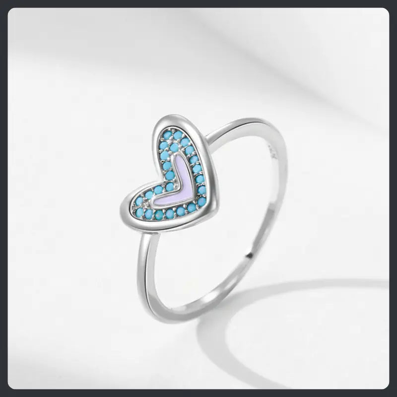 S925 Sterling Silver Turquoise Moissanite Heart Ring Elegant Design