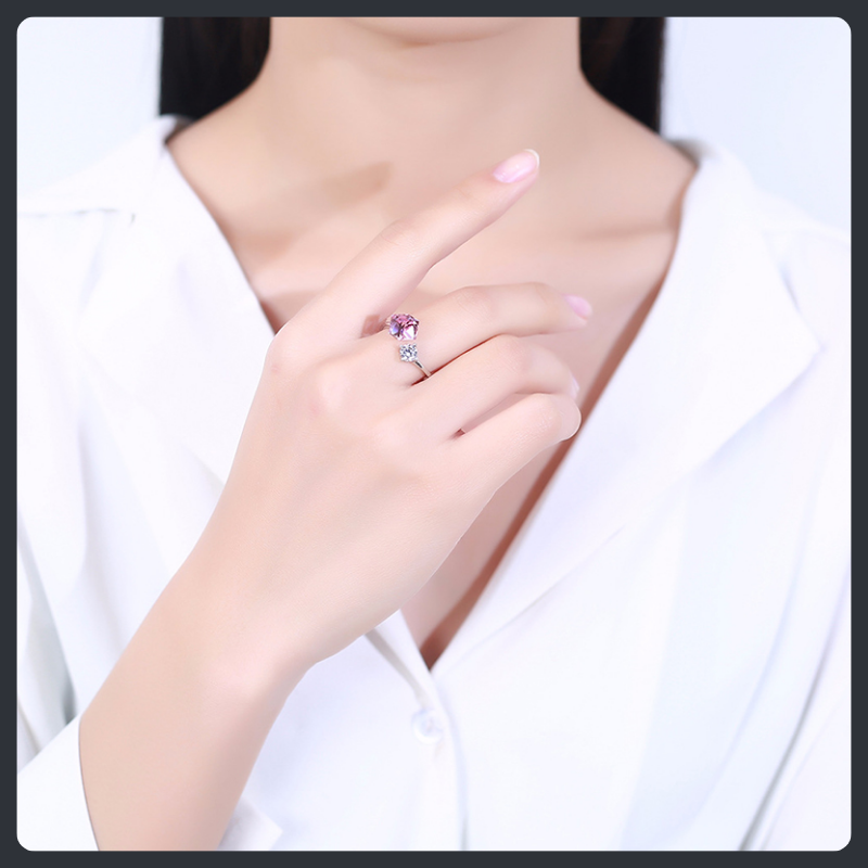 S925 Sterling Silver Pink Moissanite Adjustable Ring Elegant Design