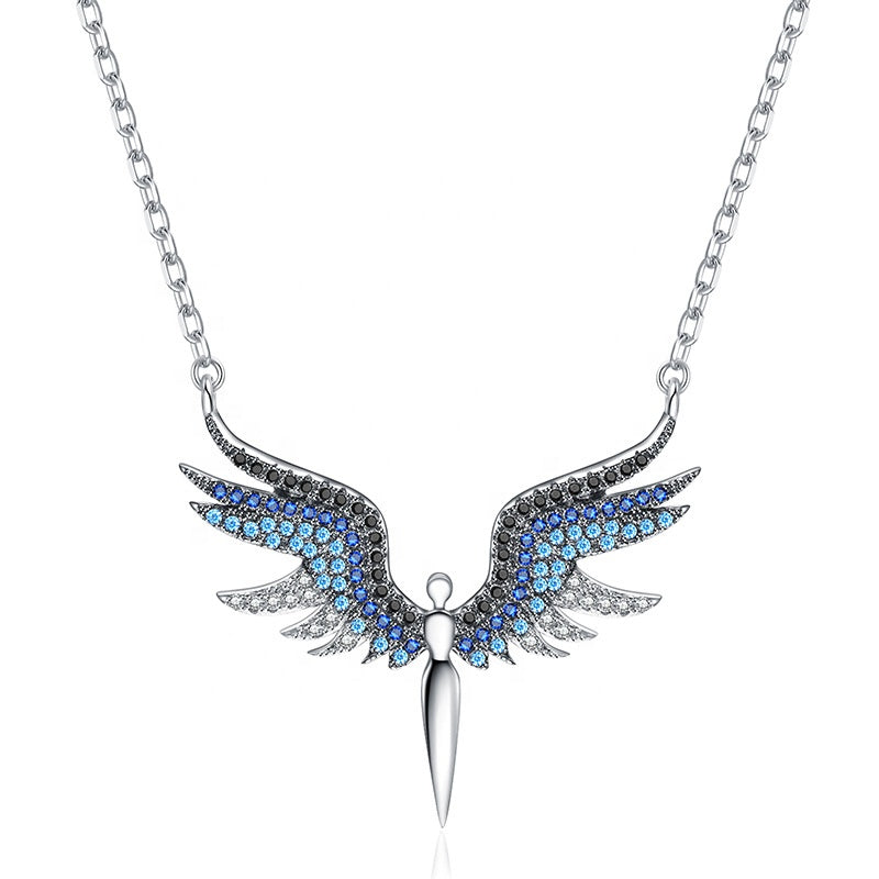 S925 Sterling Silver Moissanite Angel Wing Pendant Necklace
