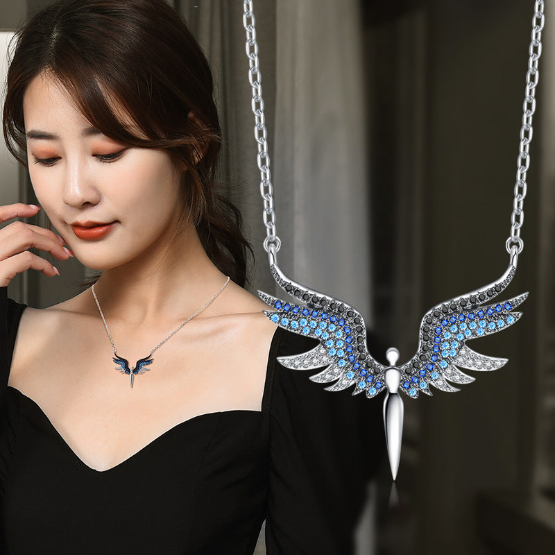 S925 Sterling Silver Moissanite Angel Wing Pendant Necklace